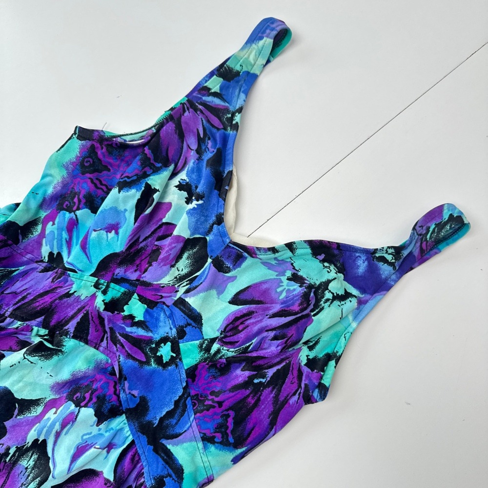Womens Floral Swim Dress Purple Blue Teal V-Neck One Piece Swimsuit Size 14